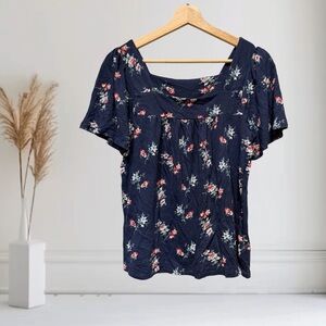 Lucky Brand Top Size S Floral‎ Square Neck Peasant Short Sleeve Cotton Blue